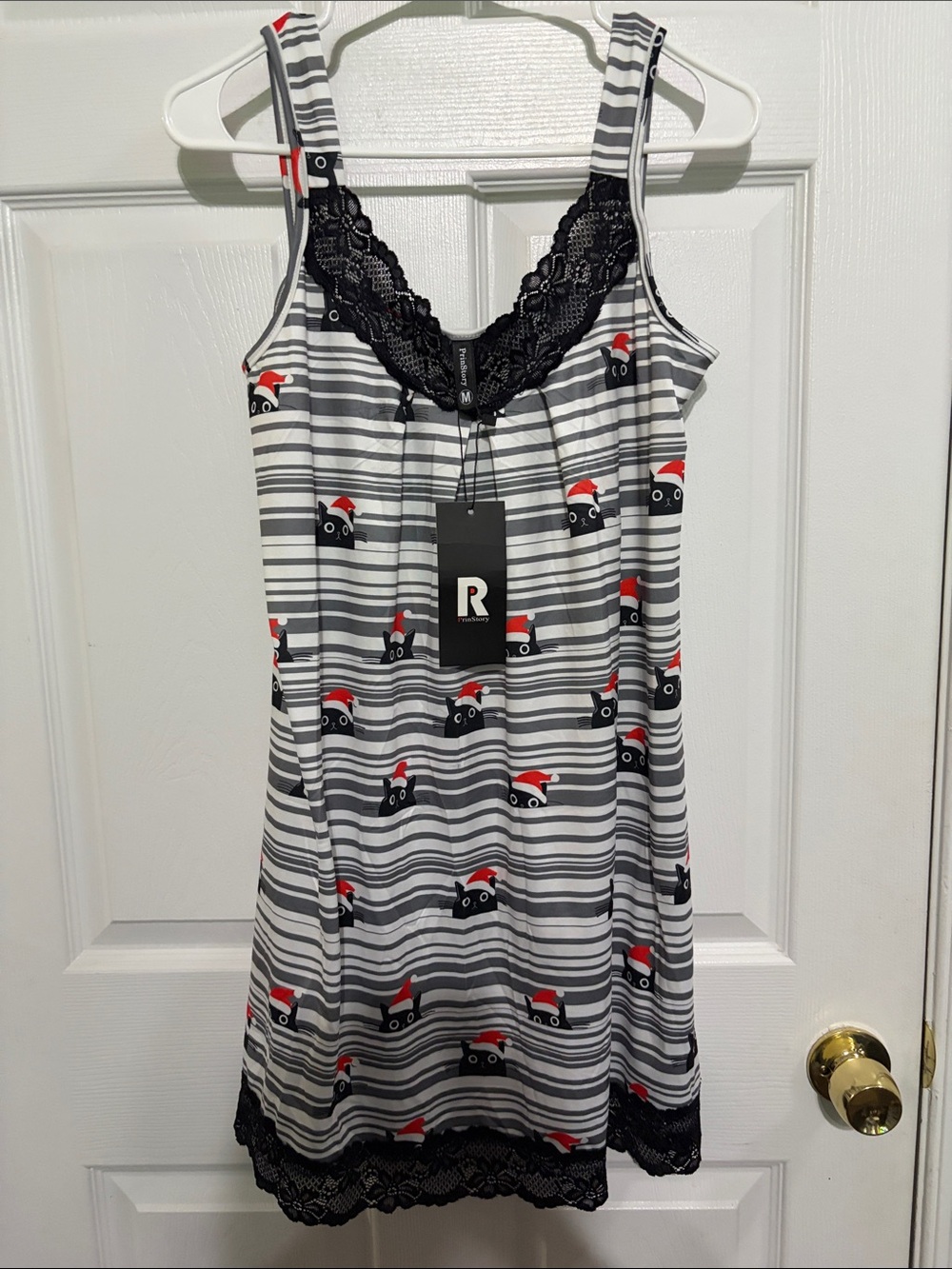 Striped Gray & White Chemise with Black Lace and Red Accent Print
